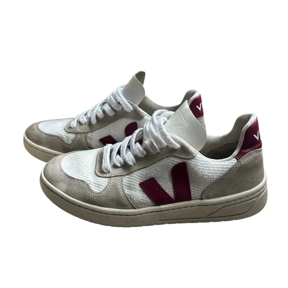 Veja V-10 Alveomesh Suede Leather Sneakers White / Grey / Burgundy US 8 / EU 39